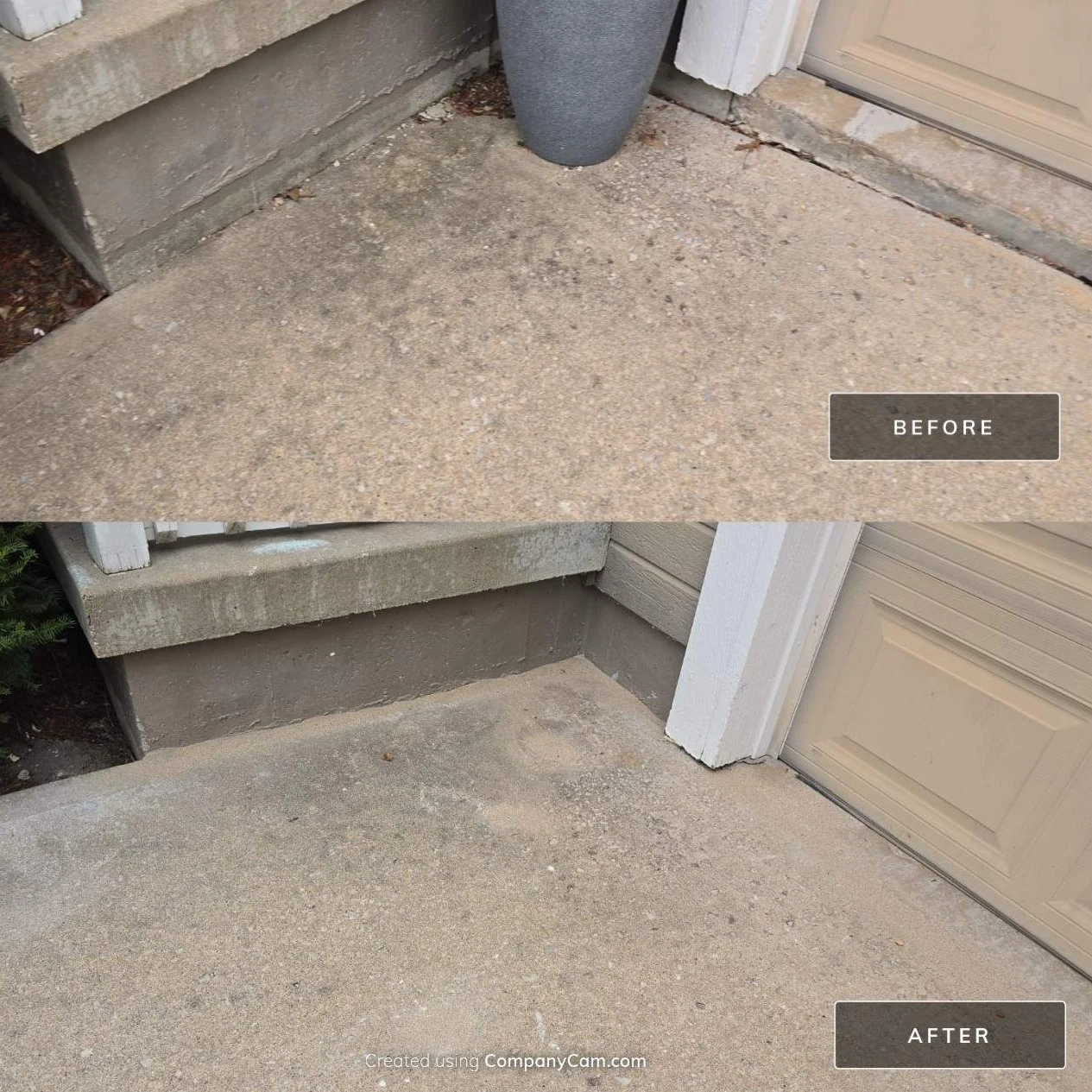 Before and after a driveway lift beside entry steps and a garage, showing the reduced gap beneath the garage threshold.