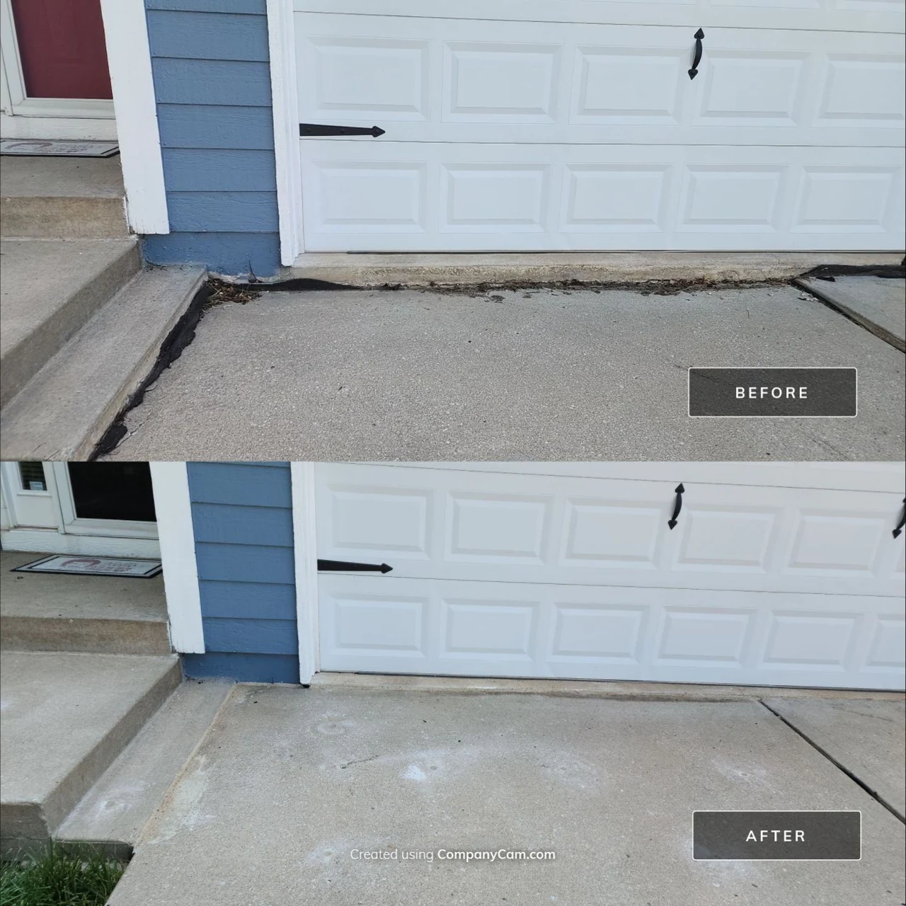 Before and after lifting a driveway slab at a garage entrance, showing the raised slab at the garage threshold.