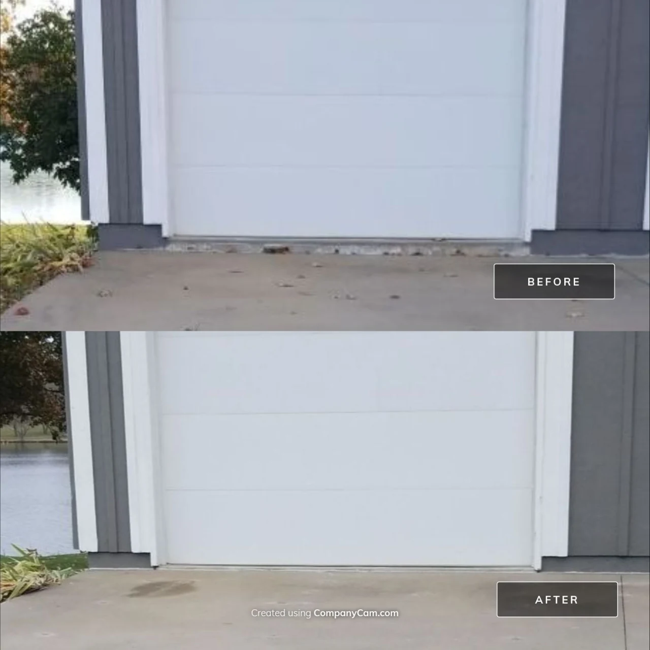 Before and after lifting concrete at a garage door, showing the reduced gap beneath the threshold.