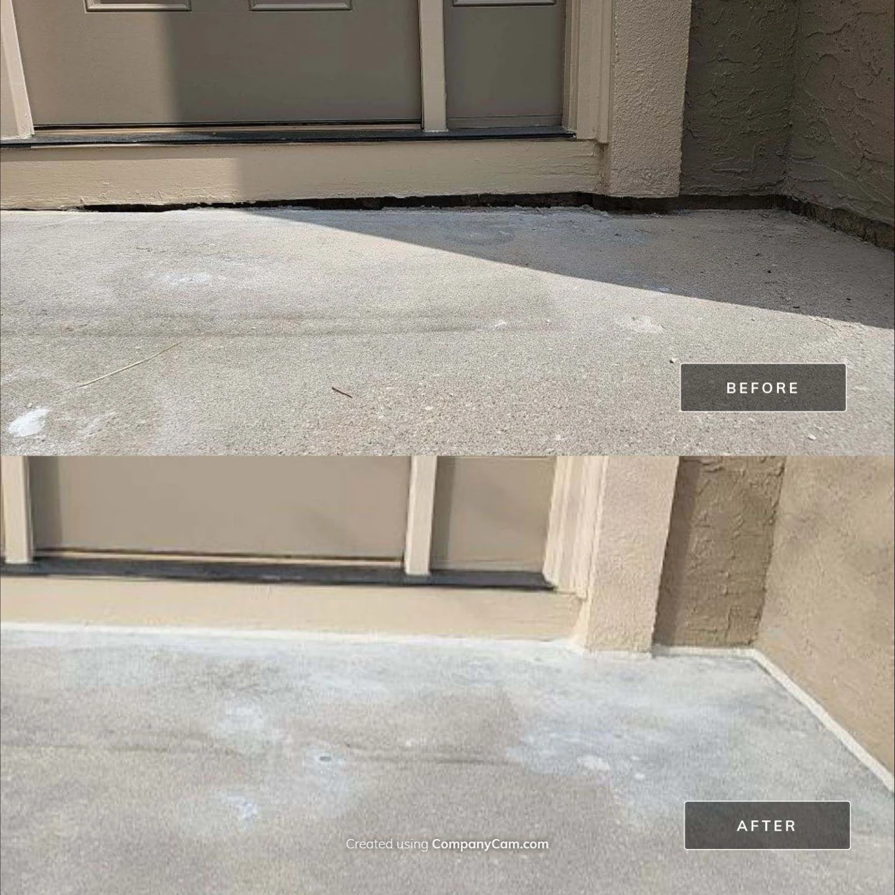 Before and after lifting a porch slab at a front door, showing the gap below the threshold closed.