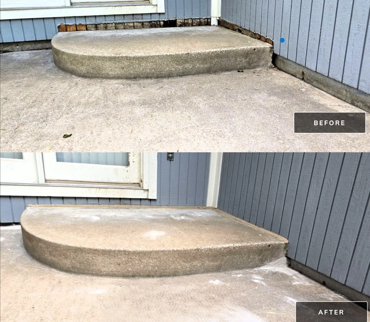 Before and after raising a concrete stoop beneath a doorway, showing the stoop closer to the door threshold.